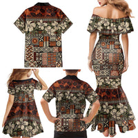 Pacific Hibiscus Tapa Tribal Vintage Family Matching Mermaid Dress and Hawaiian Shirt Brown Motif LT9 - Polynesian Pride