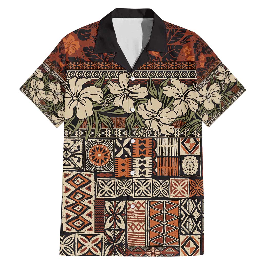 Pacific Hibiscus Tapa Tribal Vintage Family Matching Mermaid Dress and Hawaiian Shirt Brown Motif LT9 Dad's Shirt - Short Sleeve Brown - Polynesian Pride