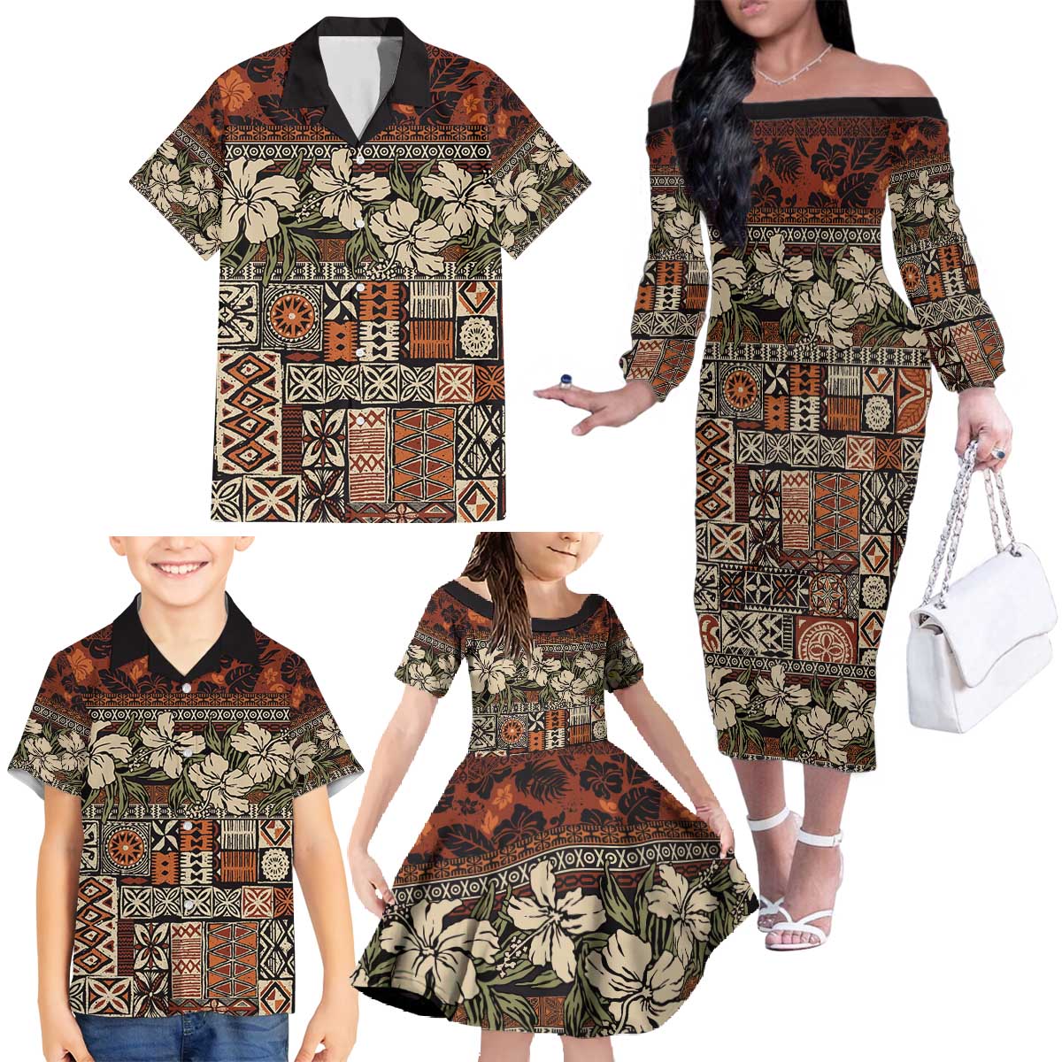 Pacific Hibiscus Tapa Tribal Vintage Family Matching Off The Shoulder Long Sleeve Dress and Hawaiian Shirt Brown Motif LT9 - Polynesian Pride
