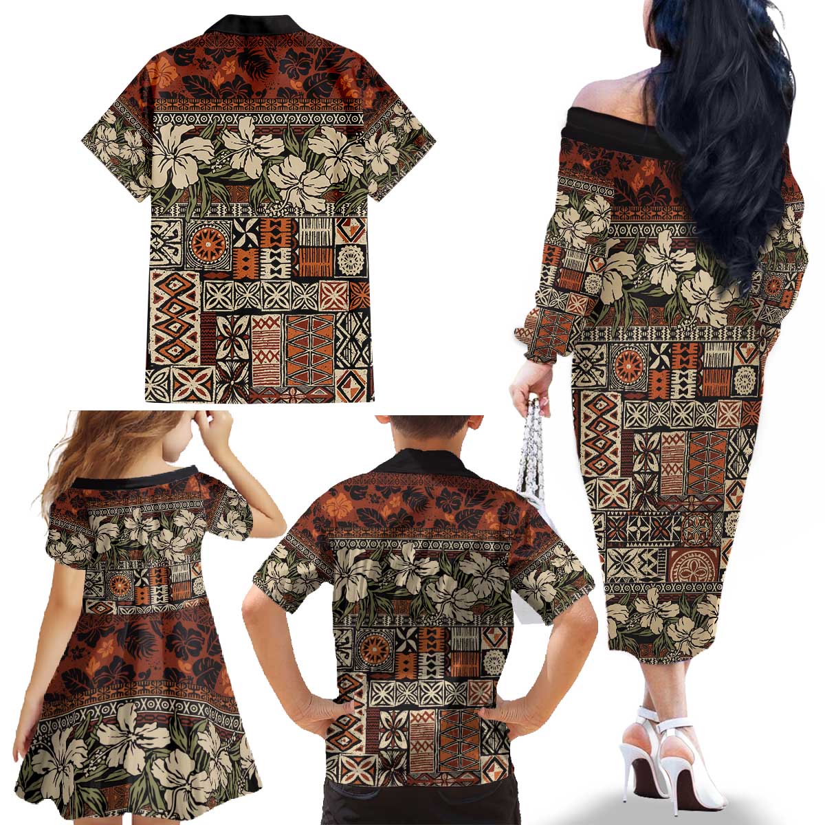Pacific Hibiscus Tapa Tribal Vintage Family Matching Off The Shoulder Long Sleeve Dress and Hawaiian Shirt Brown Motif LT9 - Polynesian Pride