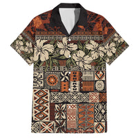 Pacific Hibiscus Tapa Tribal Vintage Family Matching Off The Shoulder Long Sleeve Dress and Hawaiian Shirt Brown Motif LT9 Dad's Shirt - Short Sleeve Brown - Polynesian Pride