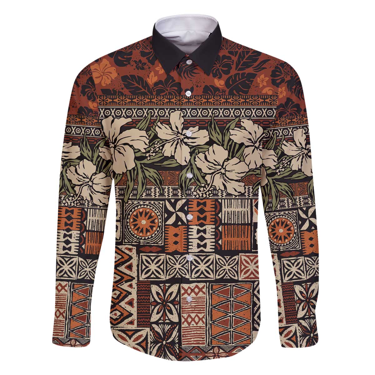 Pacific Hibiscus Tapa Tribal Vintage Family Matching Off The Shoulder Long Sleeve Dress and Hawaiian Shirt Brown Motif LT9 Dad's Shirt - Long Sleeve Brown - Polynesian Pride