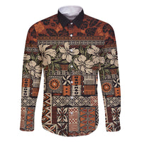 Pacific Hibiscus Tapa Tribal Vintage Family Matching Off The Shoulder Long Sleeve Dress and Hawaiian Shirt Brown Motif LT9 Dad's Shirt - Long Sleeve Brown - Polynesian Pride