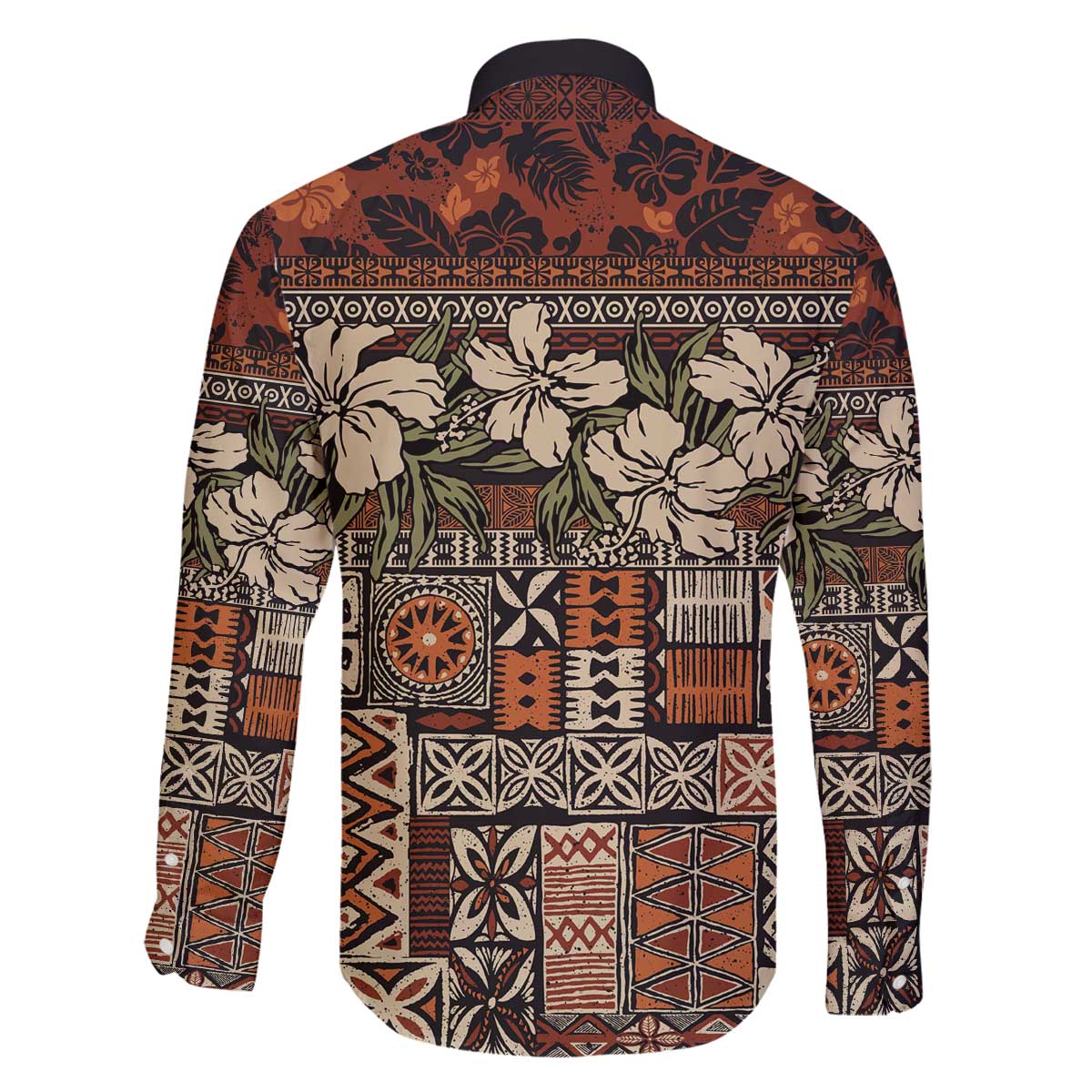Pacific Hibiscus Tapa Tribal Vintage Family Matching Off The Shoulder Long Sleeve Dress and Hawaiian Shirt Brown Motif LT9 - Polynesian Pride
