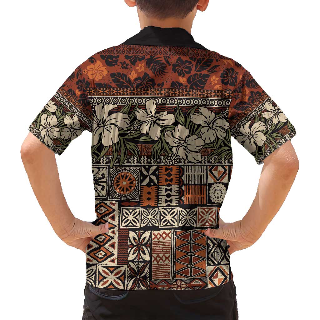 Pacific Hibiscus Tapa Tribal Vintage Family Matching Off Shoulder Maxi Dress and Hawaiian Shirt Brown Motif LT9 - Polynesian Pride