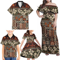 Pacific Hibiscus Tapa Tribal Vintage Family Matching Off Shoulder Maxi Dress and Hawaiian Shirt Brown Motif LT9 - Polynesian Pride
