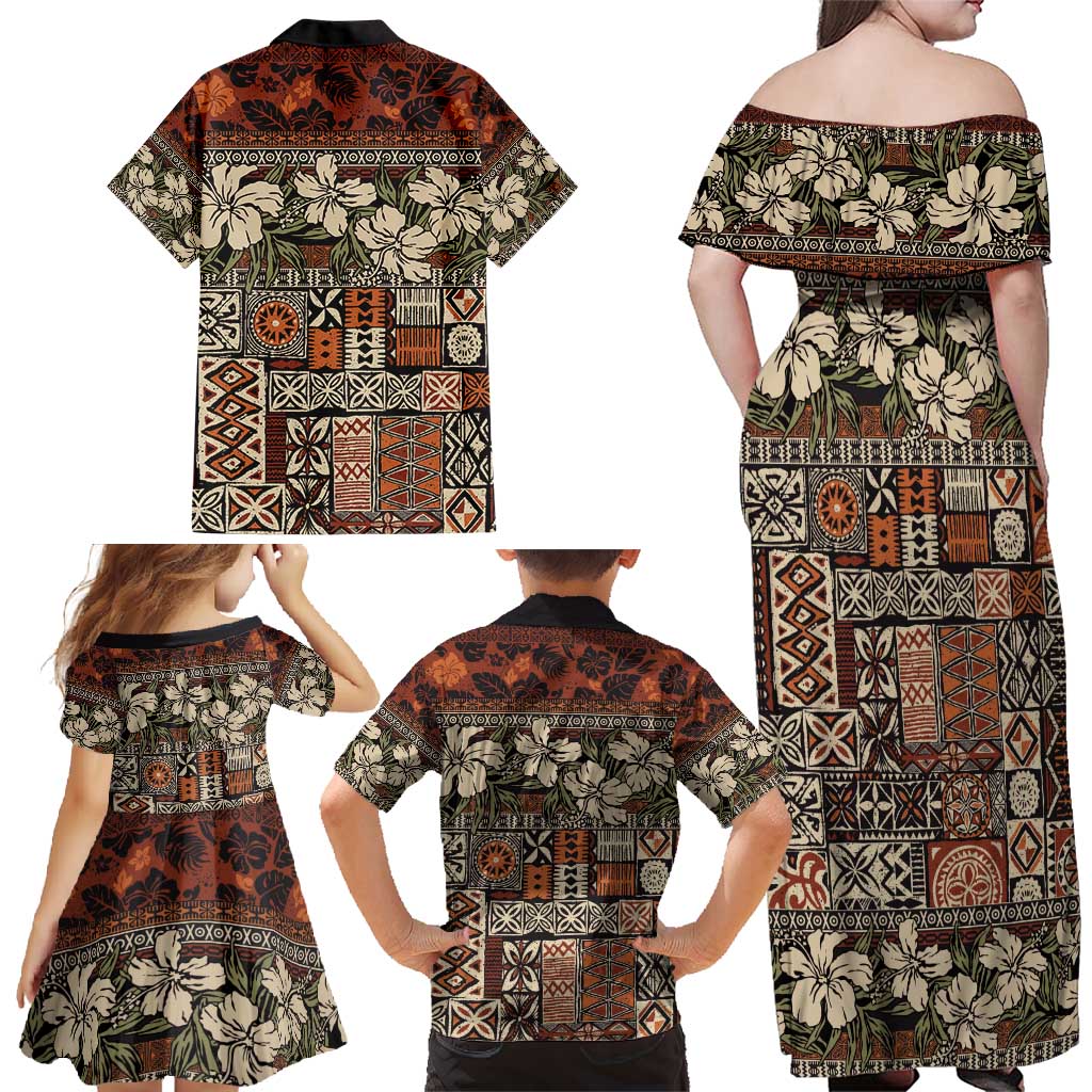 Pacific Hibiscus Tapa Tribal Vintage Family Matching Off Shoulder Maxi Dress and Hawaiian Shirt Brown Motif LT9 - Polynesian Pride