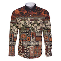 Pacific Hibiscus Tapa Tribal Vintage Family Matching Off Shoulder Maxi Dress and Hawaiian Shirt Brown Motif LT9 Dad's Shirt - Long Sleeve Brown - Polynesian Pride
