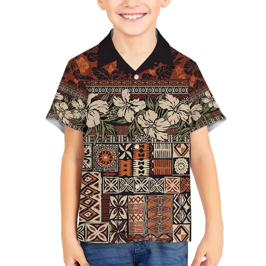 Pacific Hibiscus Tapa Tribal Vintage Family Matching Off Shoulder Maxi Dress and Hawaiian Shirt Brown Motif LT9 Son's Shirt Brown - Polynesian Pride