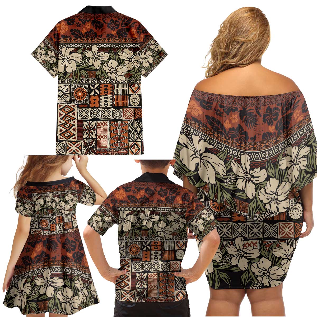 Pacific Hibiscus Tapa Tribal Vintage Family Matching Off Shoulder Short Dress and Hawaiian Shirt Brown Motif LT9 - Polynesian Pride