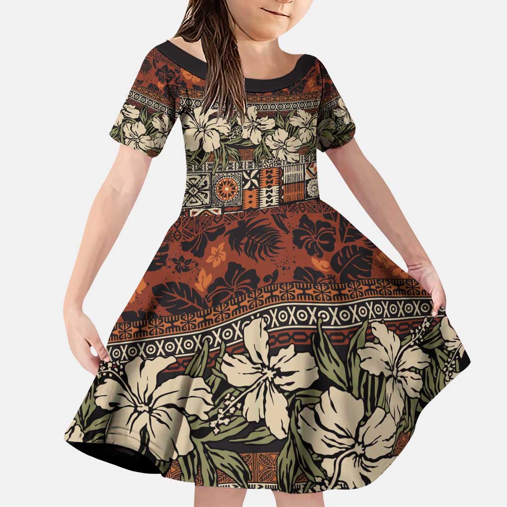 Pacific Hibiscus Tapa Tribal Vintage Family Matching Puletasi and Hawaiian Shirt Brown Motif LT9 Daughter's Dress Brown - Polynesian Pride