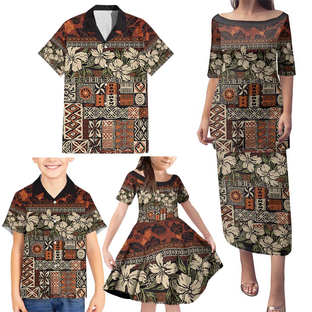 Pacific Hibiscus Tapa Tribal Vintage Family Matching Puletasi and Hawaiian Shirt Brown Motif LT9 - Polynesian Pride
