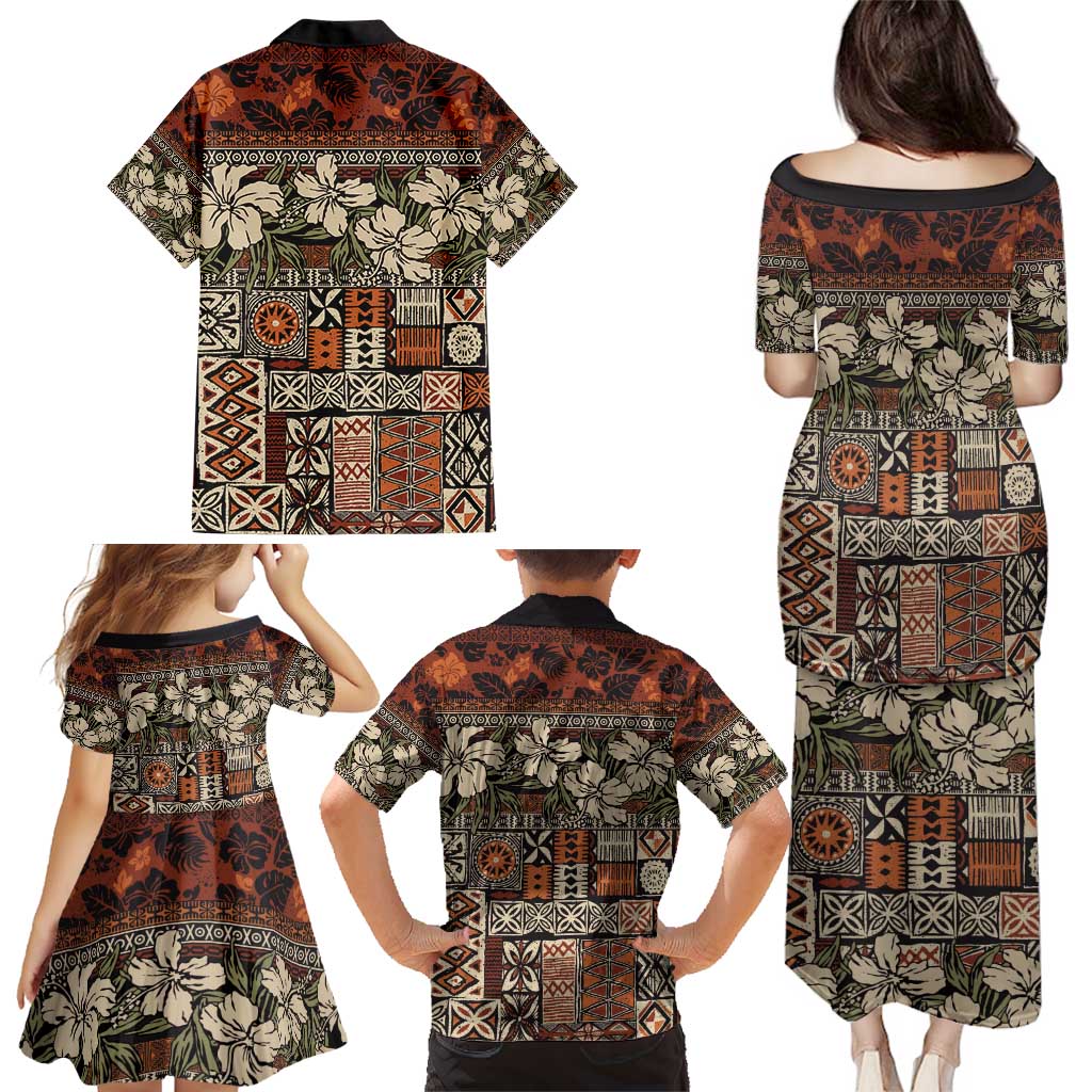 Pacific Hibiscus Tapa Tribal Vintage Family Matching Puletasi and Hawaiian Shirt Brown Motif LT9 - Polynesian Pride