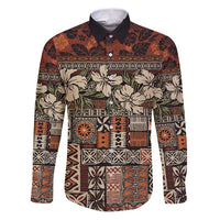 Pacific Hibiscus Tapa Tribal Vintage Family Matching Puletasi and Hawaiian Shirt Brown Motif LT9 Dad's Shirt - Long Sleeve Brown - Polynesian Pride
