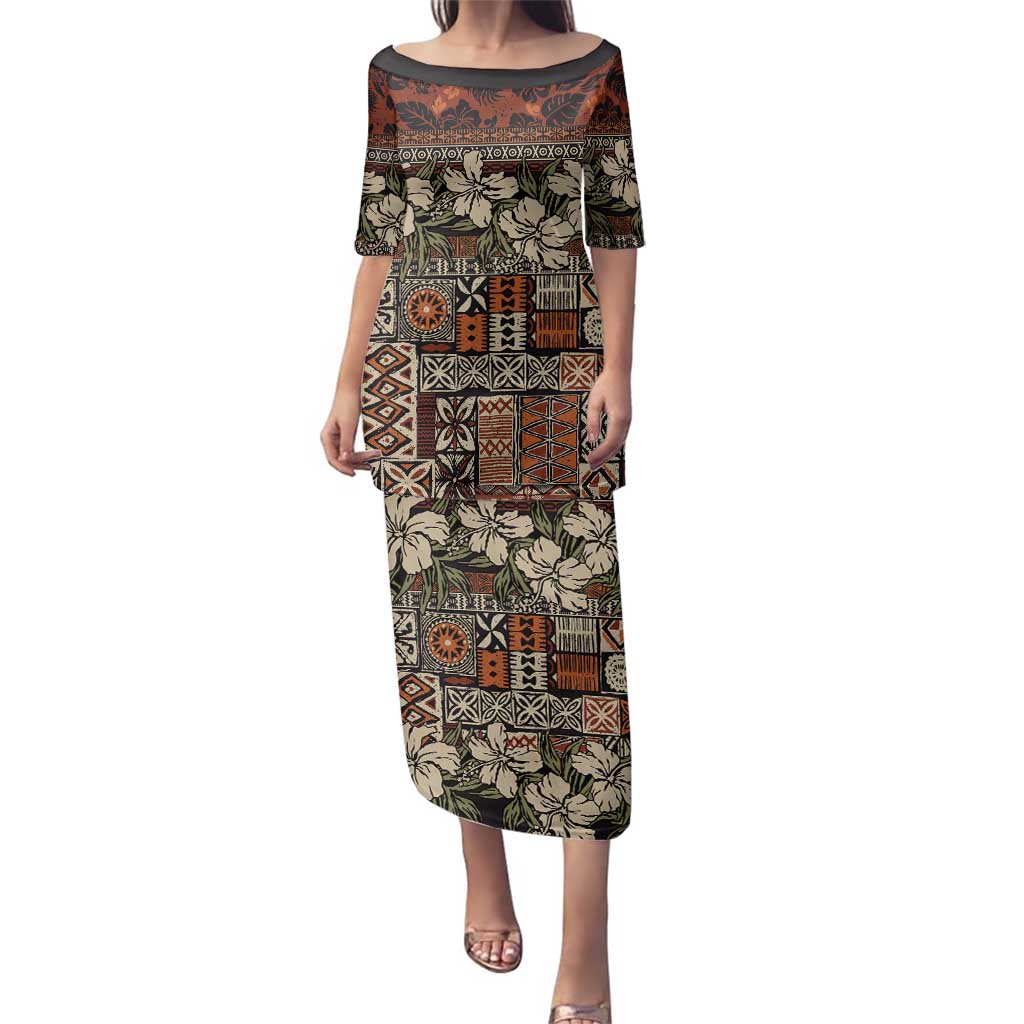 Pacific Hibiscus Tapa Tribal Vintage Family Matching Puletasi and Hawaiian Shirt Brown Motif LT9 Mom's Dress Brown - Polynesian Pride