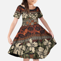 Pacific Hibiscus Tapa Tribal Vintage Family Matching Summer Maxi Dress and Hawaiian Shirt Brown Motif LT9 Daughter's Dress Brown - Polynesian Pride