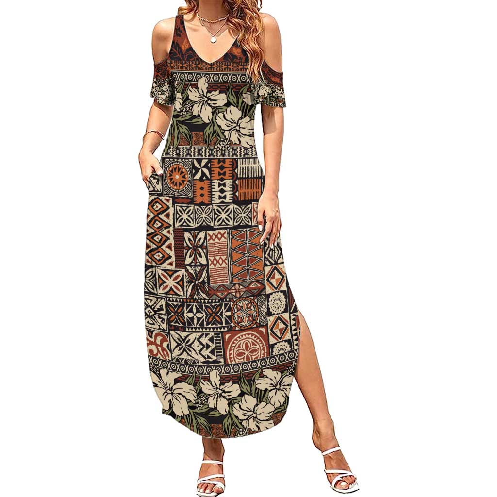Pacific Hibiscus Tapa Tribal Vintage Family Matching Summer Maxi Dress and Hawaiian Shirt Brown Motif LT9 Mom's Dress Brown - Polynesian Pride