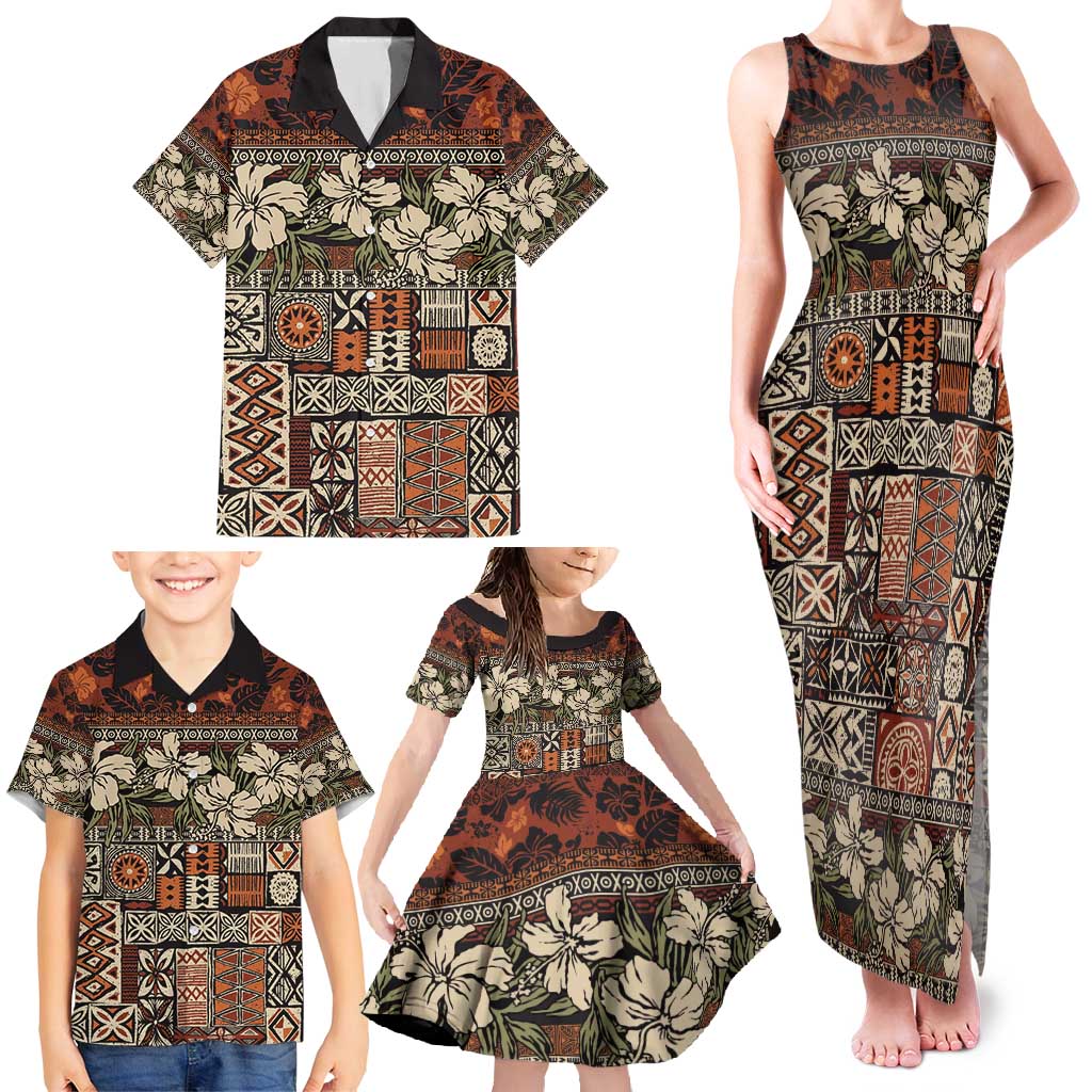 Pacific Hibiscus Tapa Tribal Vintage Family Matching Tank Maxi Dress and Hawaiian Shirt Brown Motif LT9 - Polynesian Pride