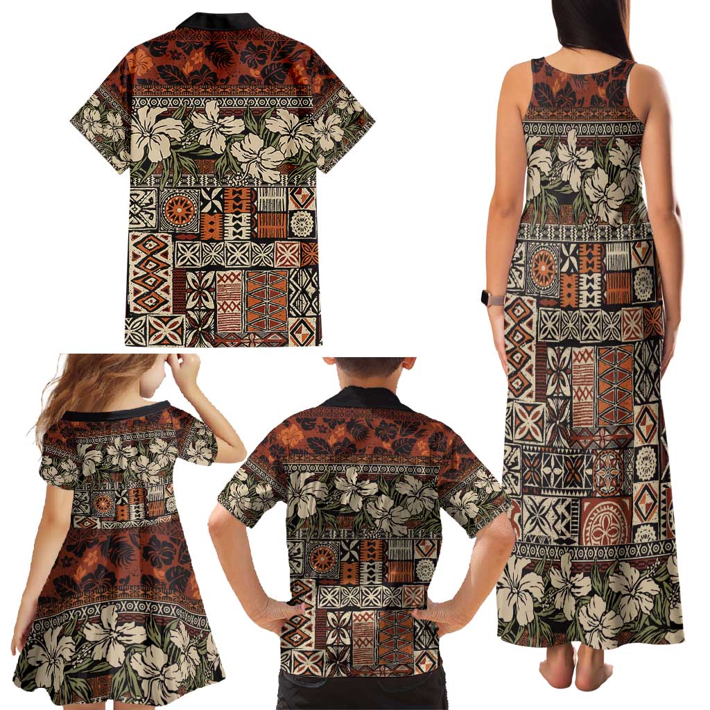 Pacific Hibiscus Tapa Tribal Vintage Family Matching Tank Maxi Dress and Hawaiian Shirt Brown Motif LT9 - Polynesian Pride
