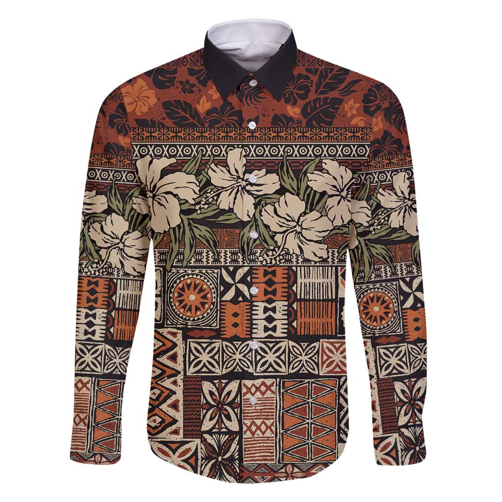 Pacific Hibiscus Tapa Tribal Vintage Family Matching Tank Maxi Dress and Hawaiian Shirt Brown Motif LT9 Dad's Shirt - Long Sleeve Brown - Polynesian Pride