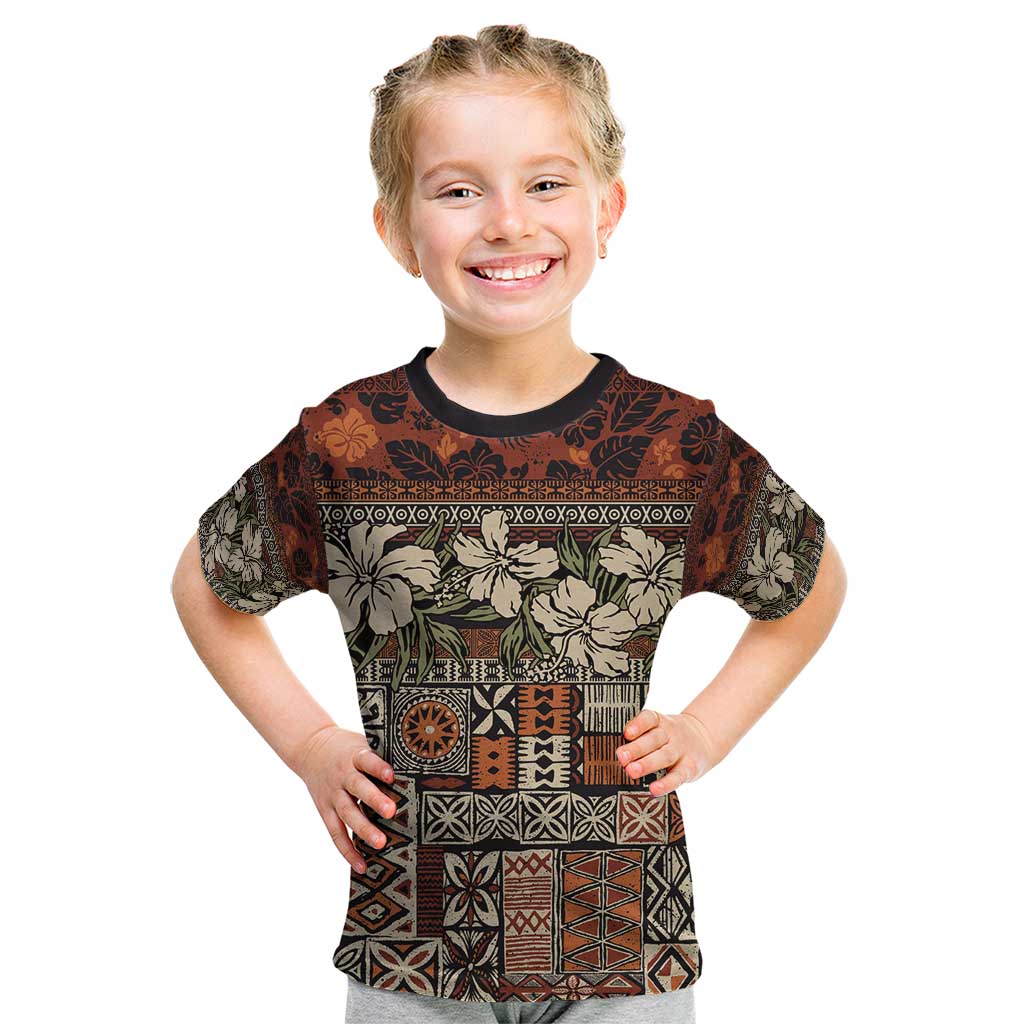 Pacific Hibiscus Tapa Tribal Vintage Kid T Shirt Brown Motif