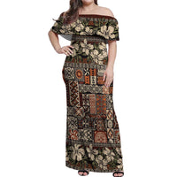 Pacific Hibiscus Tapa Tribal Vintage Off Shoulder Maxi Dress Brown Motif