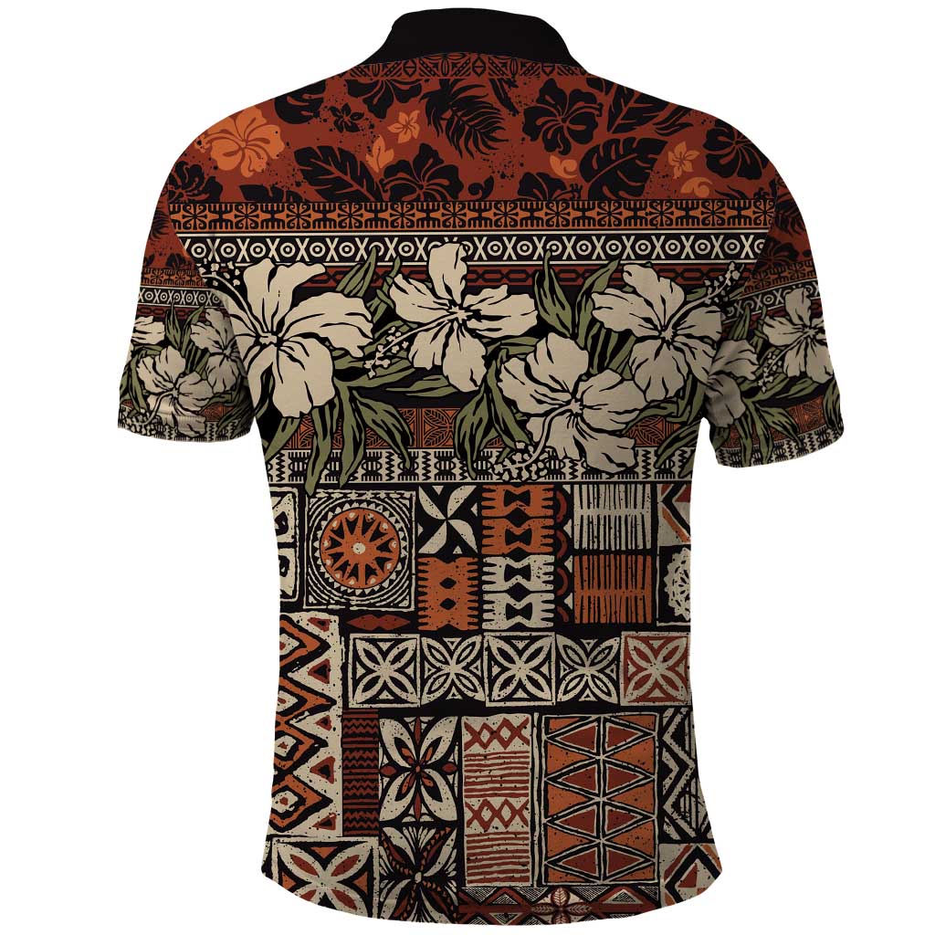 Pacific Hibiscus Tapa Tribal Vintage Polo Shirt Brown Motif