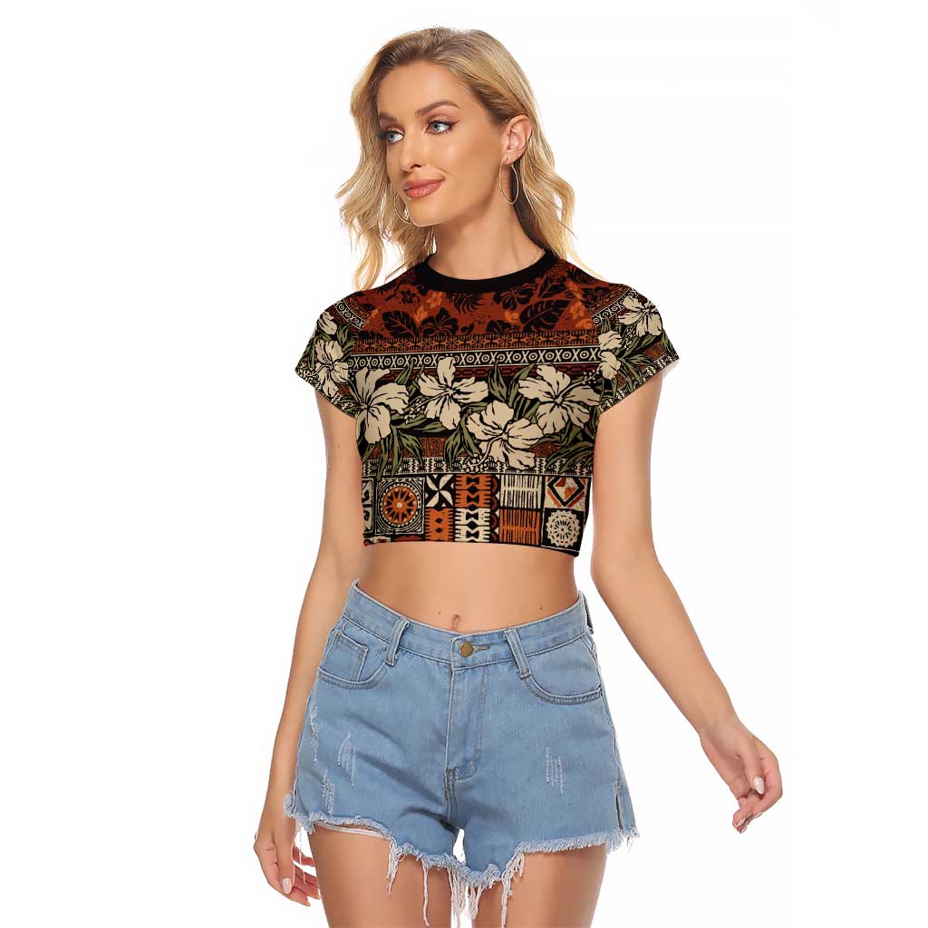 Pacific Hibiscus Tapa Tribal Vintage Raglan Cropped T Shirt Brown Motif