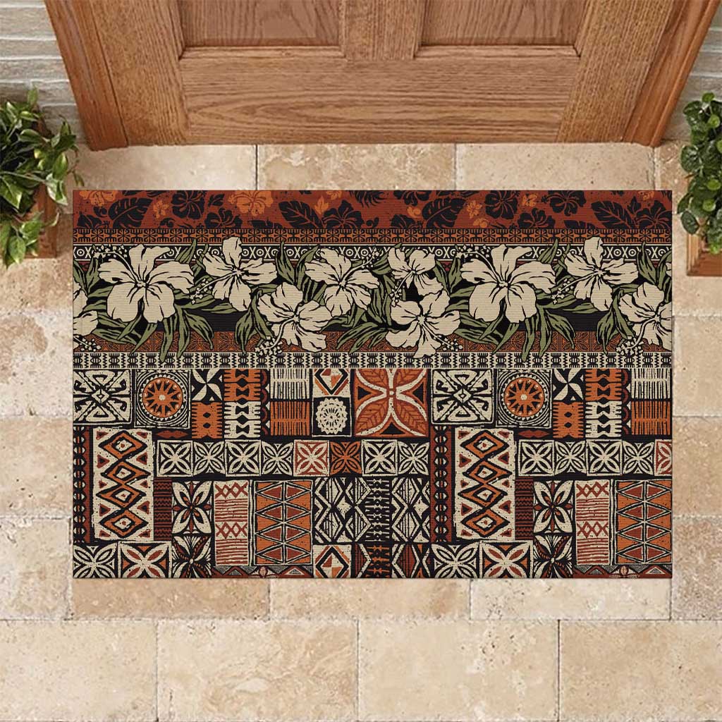 Pacific Hibiscus Tapa Tribal Vintage Rubber Doormat Brown Motif