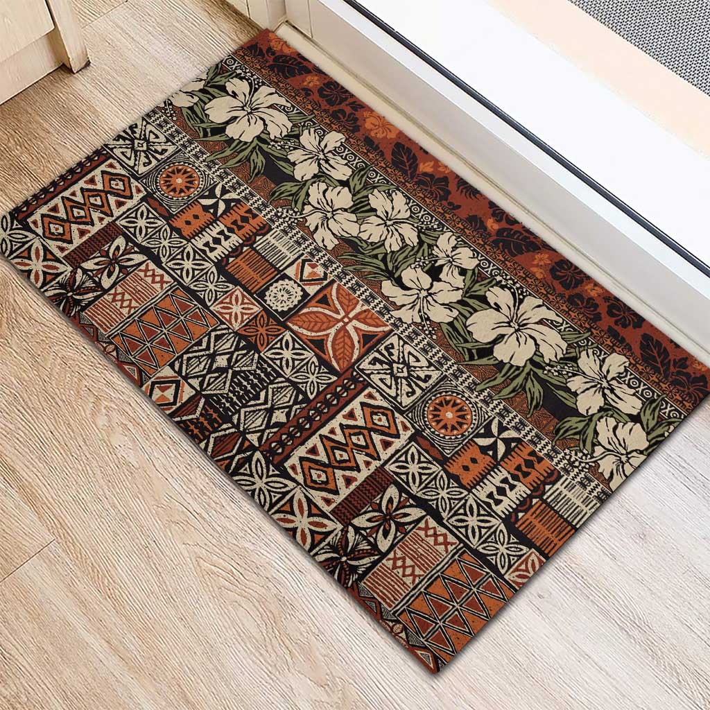 Pacific Hibiscus Tapa Tribal Vintage Rubber Doormat Brown Motif