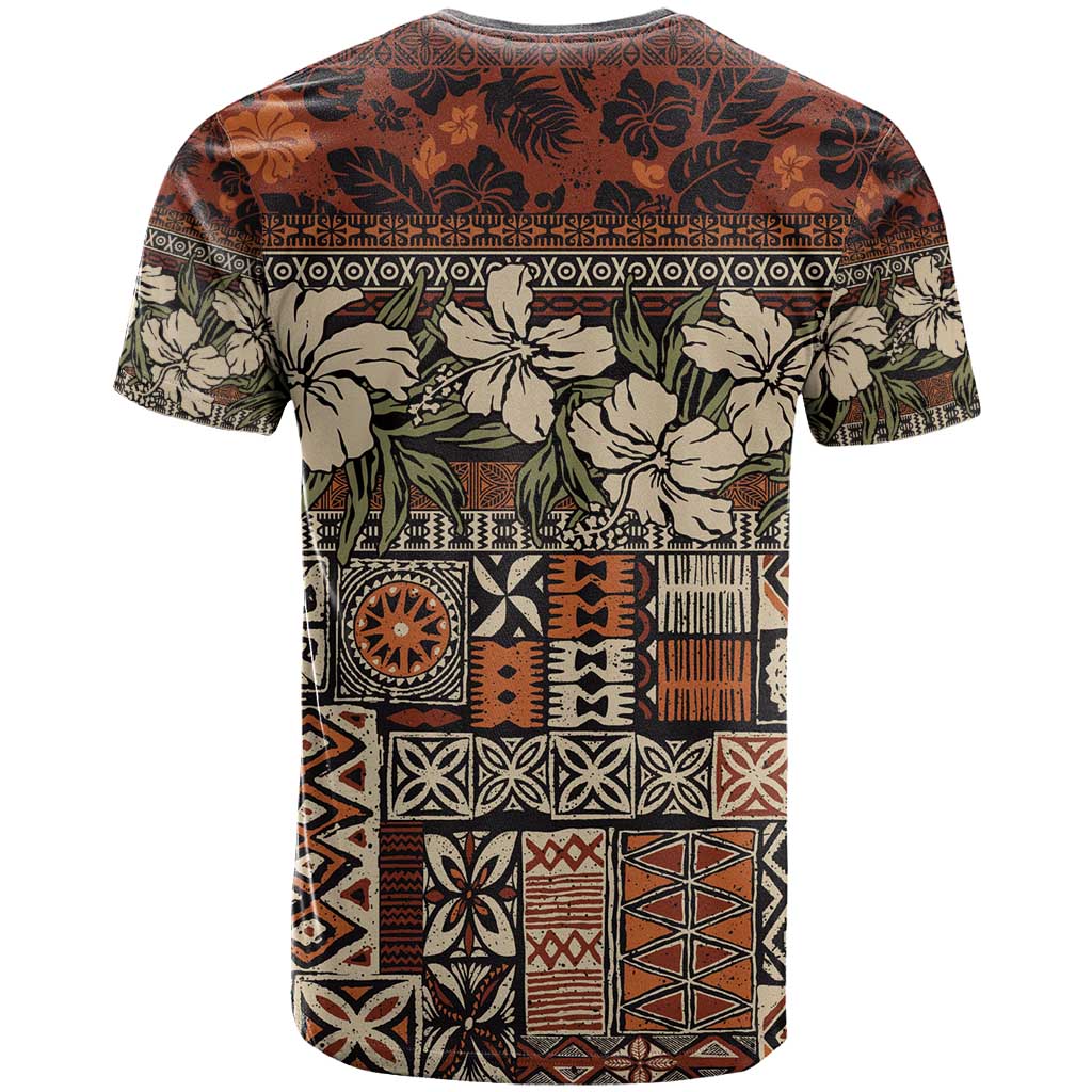 Pacific Hibiscus Tapa Tribal Vintage T Shirt Brown Motif