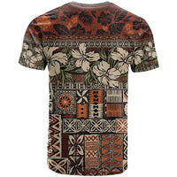 Pacific Hibiscus Tapa Tribal Vintage T Shirt Brown Motif
