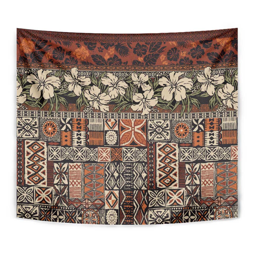 Pacific Hibiscus Tapa Tribal Vintage Tapestry Brown Motif