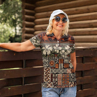 Pacific Hibiscus Tapa Tribal Vintage Women Polo Shirt Brown Motif