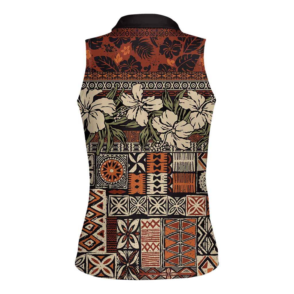 Pacific Hibiscus Tapa Tribal Vintage Women Sleeveless Polo Shirt Brown Motif