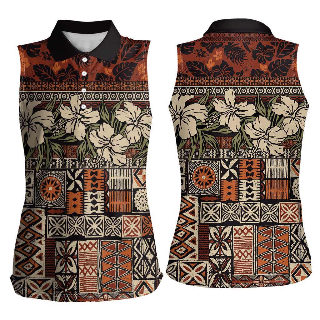 Pacific Hibiscus Tapa Tribal Vintage Women Sleeveless Polo Shirt Brown Motif