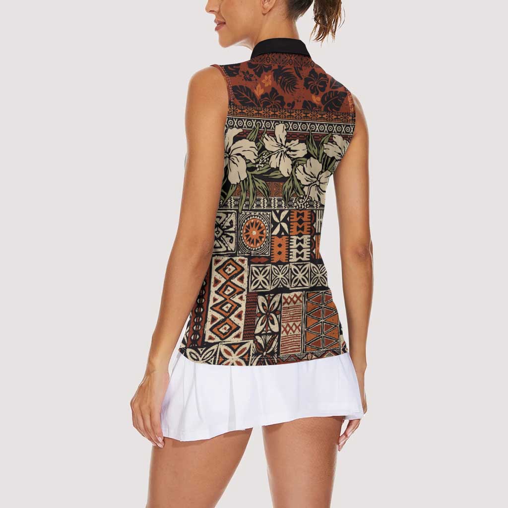 Pacific Hibiscus Tapa Tribal Vintage Women Sleeveless Polo Shirt Brown Motif