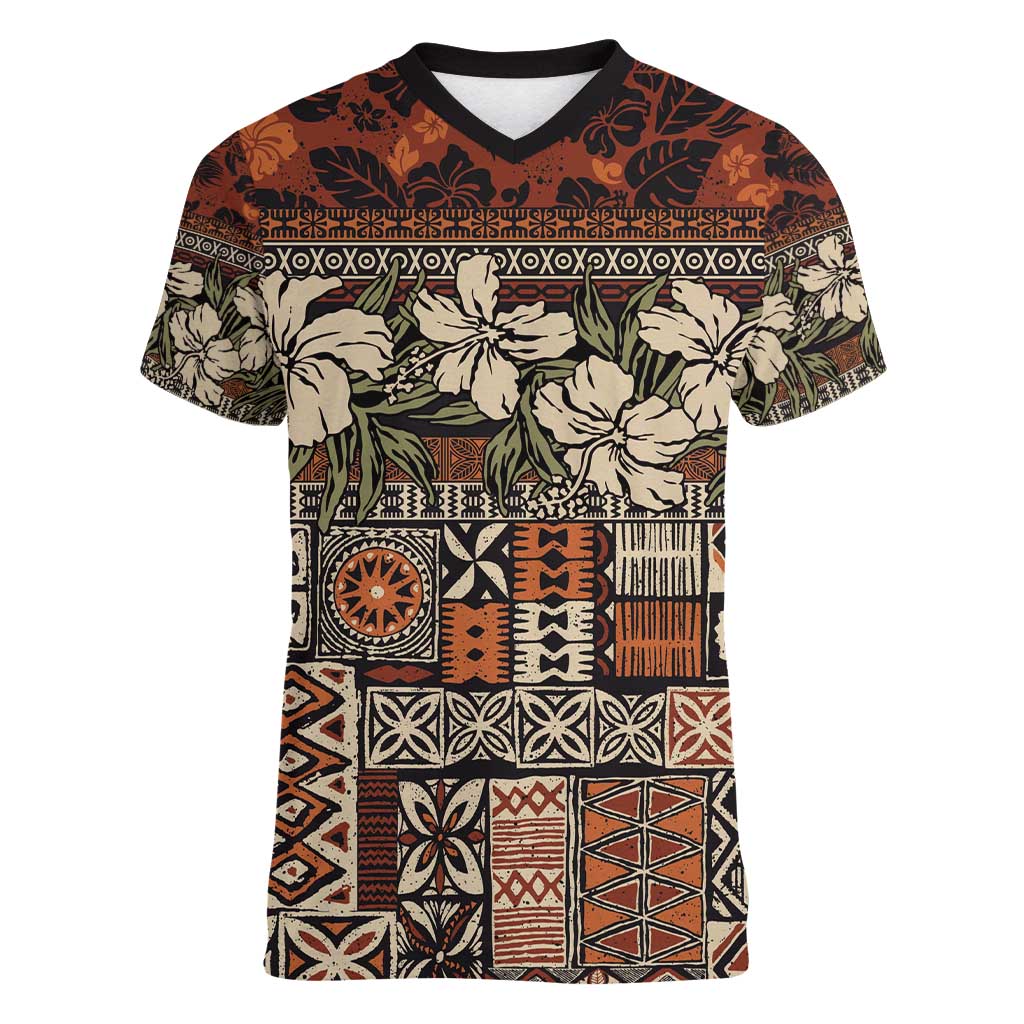 Pacific Hibiscus Tapa Tribal Vintage Women V-Neck T-Shirt Brown Motif