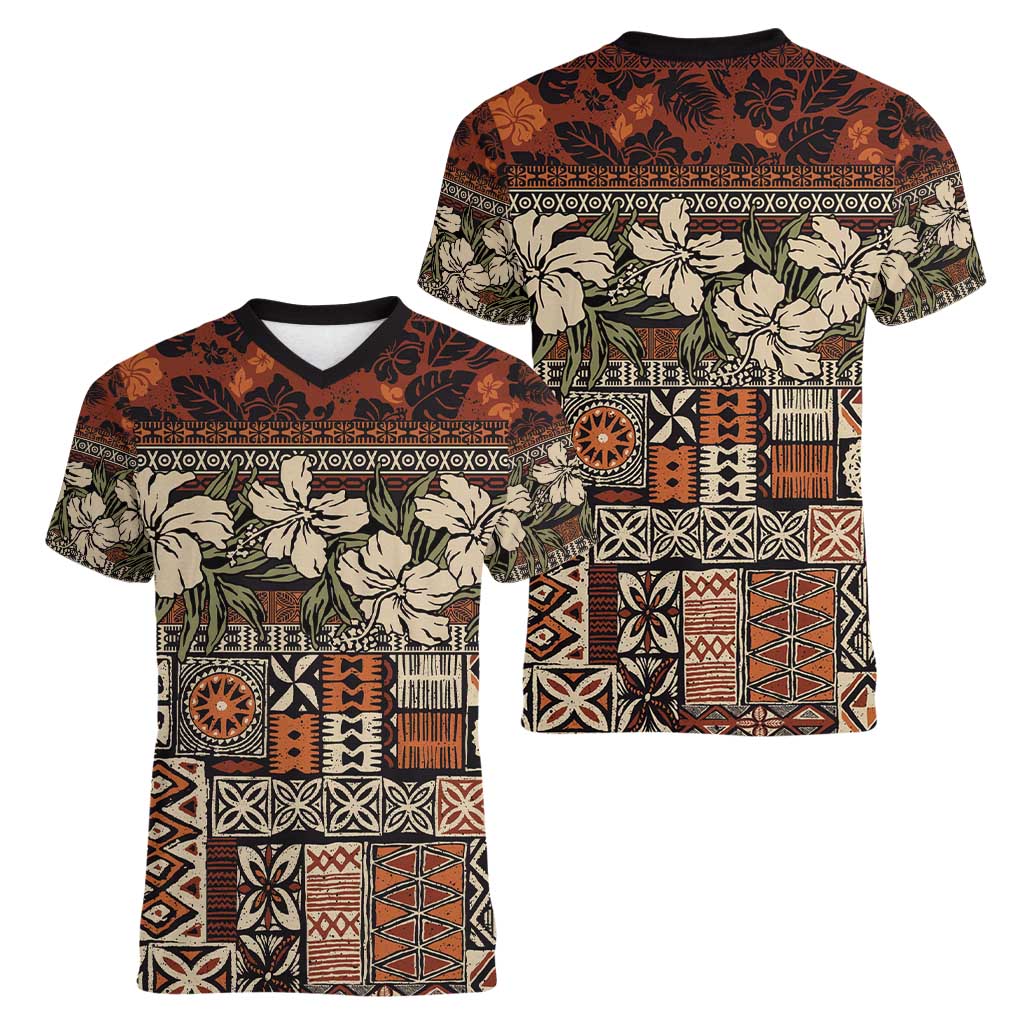 Pacific Hibiscus Tapa Tribal Vintage Women V-Neck T-Shirt Brown Motif
