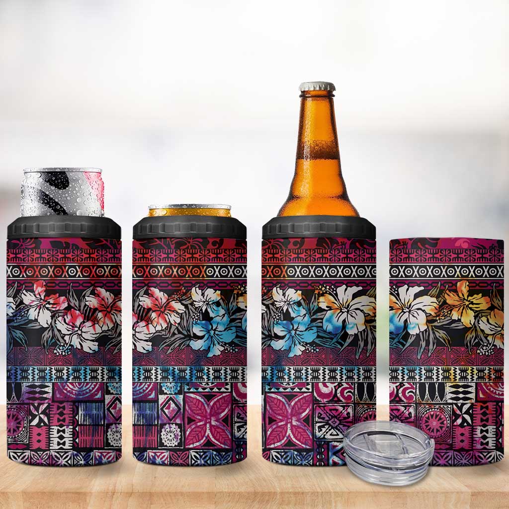 Pacific Hibiscus Tapa Tribal Vintage 4 in 1 Can Cooler Tumbler Pink Motif