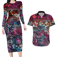 Pacific Hibiscus Tapa Tribal Vintage Couples Matching Long Sleeve Bodycon Dress and Hawaiian Shirt Pink Motif LT9 Pink - Polynesian Pride