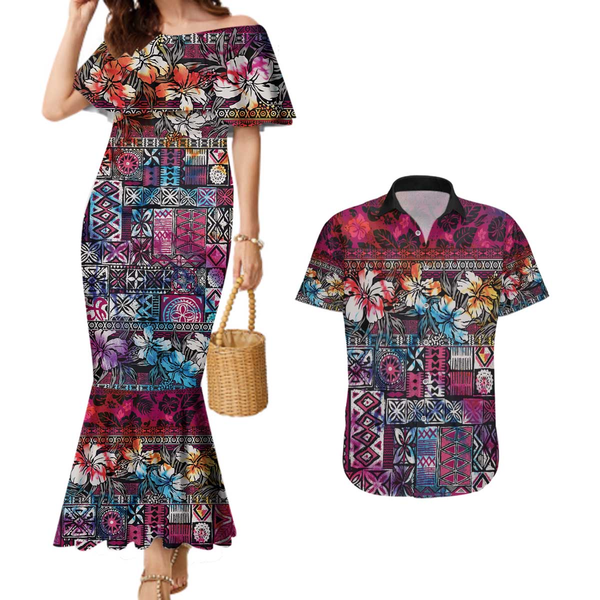 Pacific Hibiscus Tapa Tribal Vintage Couples Matching Mermaid Dress and Hawaiian Shirt Pink Motif LT9 Pink - Polynesian Pride