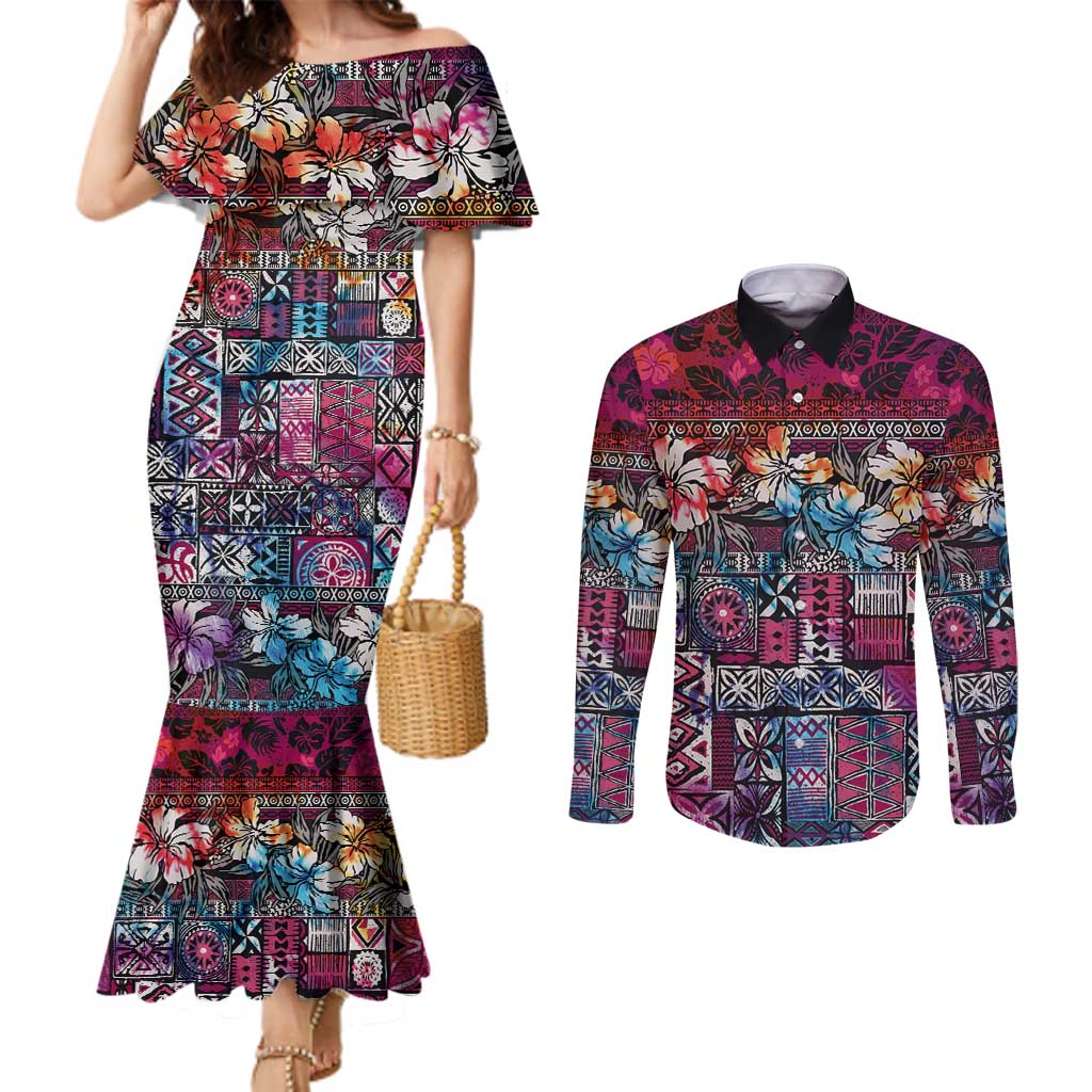 Pacific Hibiscus Tapa Tribal Vintage Couples Matching Mermaid Dress and Long Sleeve Button Shirt Pink Motif