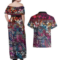 Pacific Hibiscus Tapa Tribal Vintage Couples Matching Off Shoulder Maxi Dress and Hawaiian Shirt Pink Motif LT9 - Polynesian Pride