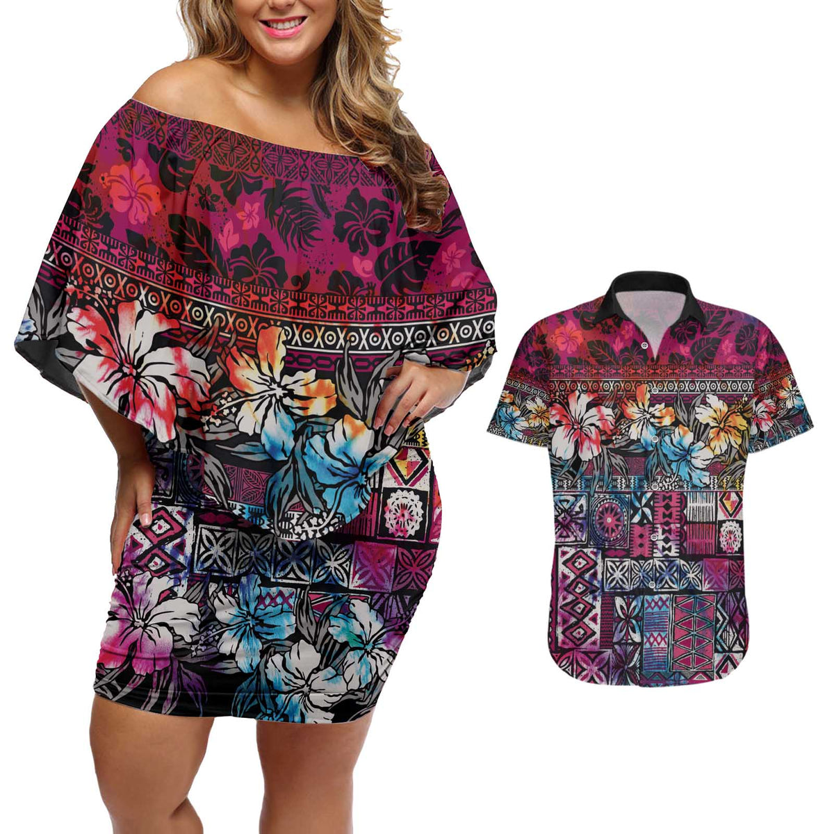 Pacific Hibiscus Tapa Tribal Vintage Couples Matching Off Shoulder Short Dress and Hawaiian Shirt Pink Motif LT9 Pink - Polynesian Pride