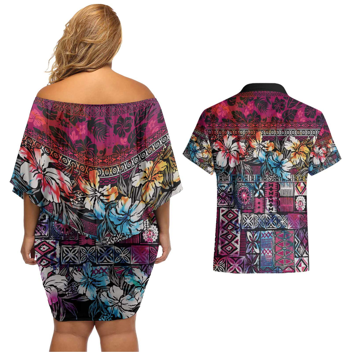 Pacific Hibiscus Tapa Tribal Vintage Couples Matching Off Shoulder Short Dress and Hawaiian Shirt Pink Motif LT9 - Polynesian Pride