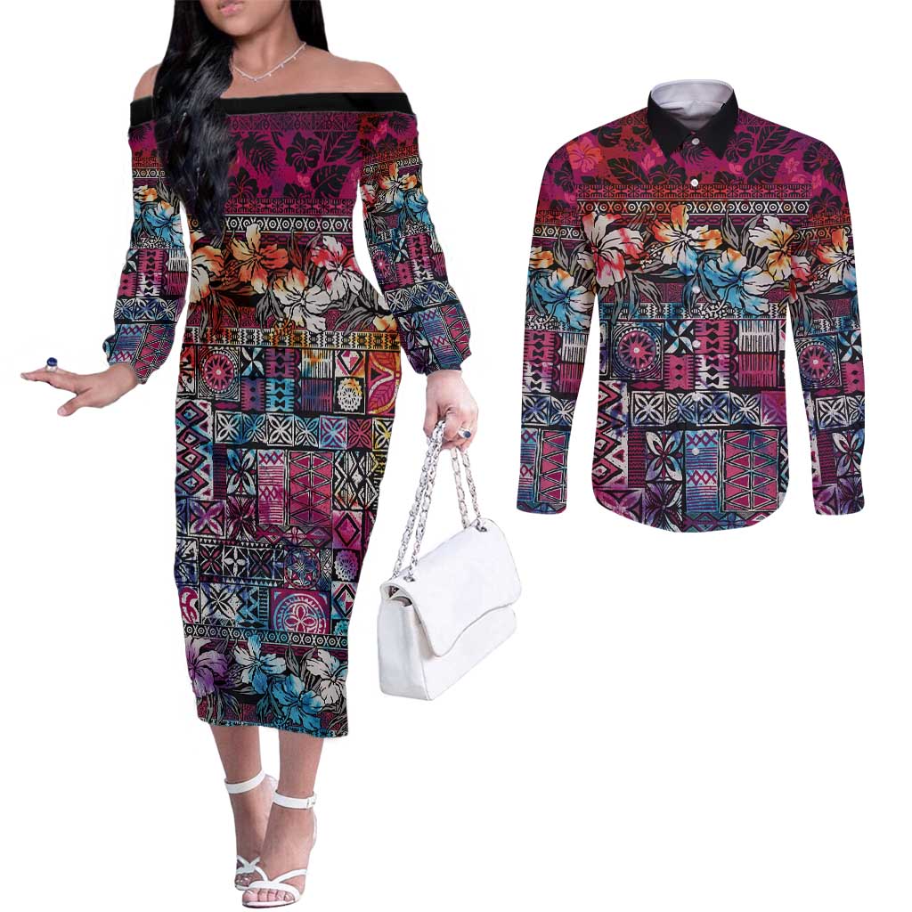 Pacific Hibiscus Tapa Tribal Vintage Couples Matching Off The Shoulder Long Sleeve Dress and Long Sleeve Button Shirt Pink Motif LT9 Pink - Polynesian Pride