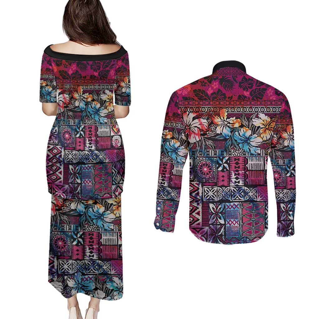 Pacific Hibiscus Tapa Tribal Vintage Couples Matching Puletasi and Long Sleeve Button Shirt Pink Motif