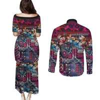 Pacific Hibiscus Tapa Tribal Vintage Couples Matching Puletasi and Long Sleeve Button Shirt Pink Motif