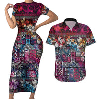 Pacific Hibiscus Tapa Tribal Vintage Couples Matching Short Sleeve Bodycon Dress and Hawaiian Shirt Pink Motif LT9 Pink - Polynesian Pride